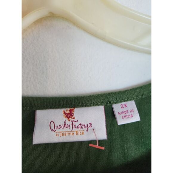 Quacker Factory Women Dark Green w/Brown Leaf Embroidery Cotton Shirt size 2X - Picture 4 of 7